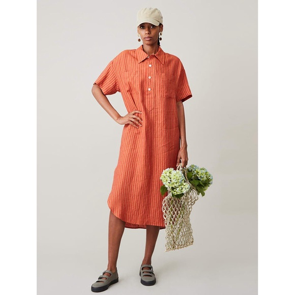 Caron Callahan | Striped Linen Henley Relaxed Midi Shirt Dress - Picture 4 of 16